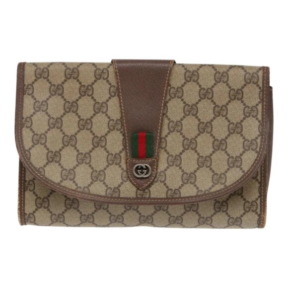 GUCCI GG Supreme Web Sherry Line Clutch Bag PVC Beige Red - Picture 1 of 16